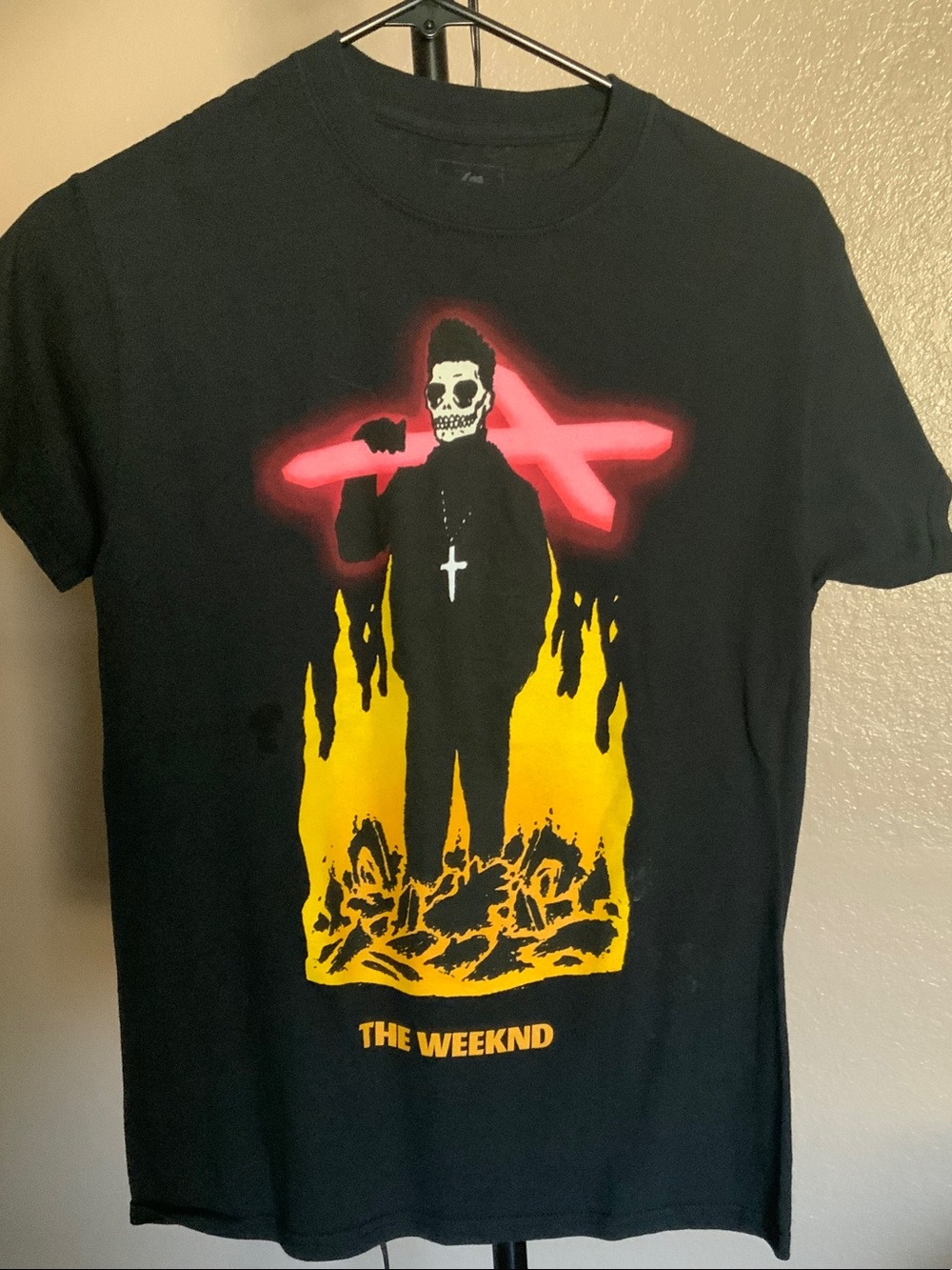 Black Graphic Short-Sleeve Tee with Neon Cross and Flame Print
